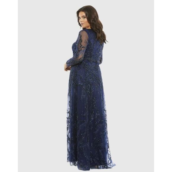 Mac Duggal Illusion Long Sleeve A-line Gown Blue maxi dress size 18 W UB - Picture 4 of 8